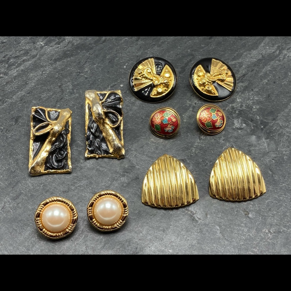 CLIP-ON Women’s Vintage Bundle 5x pairs earrings silver gold cloisonné